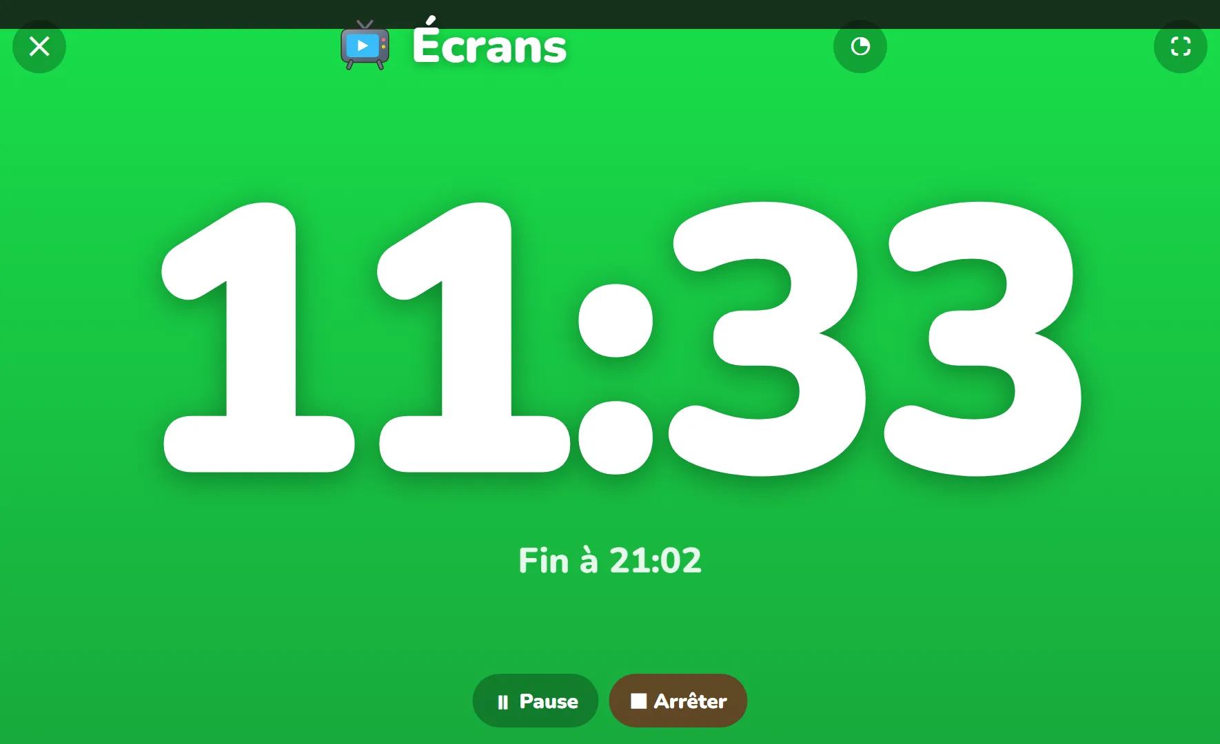 Minuteur « Écrans » affiché en très grand sur la tablette, avec l’heure de fin et les boutons Pause et Arrêter.