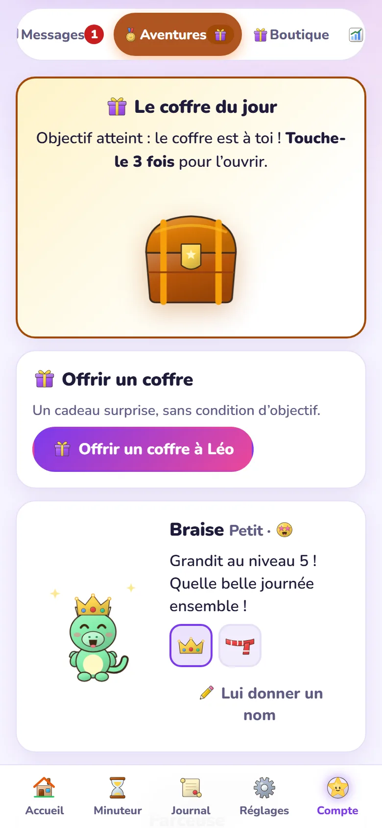 Aventures de Léo vues par le parent : le coffre du jour et le bouton « Offrir un coffre à Léo ».